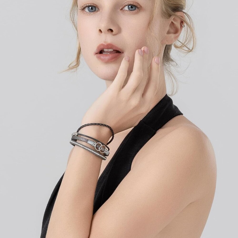 Leather Cuff Bangle Beaded Stackable Infinity Jew… - image 3